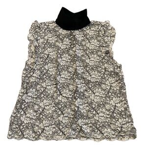 Zara Woman Black & White Lace High Neck Cap Sleeve Top Blouse - Size M